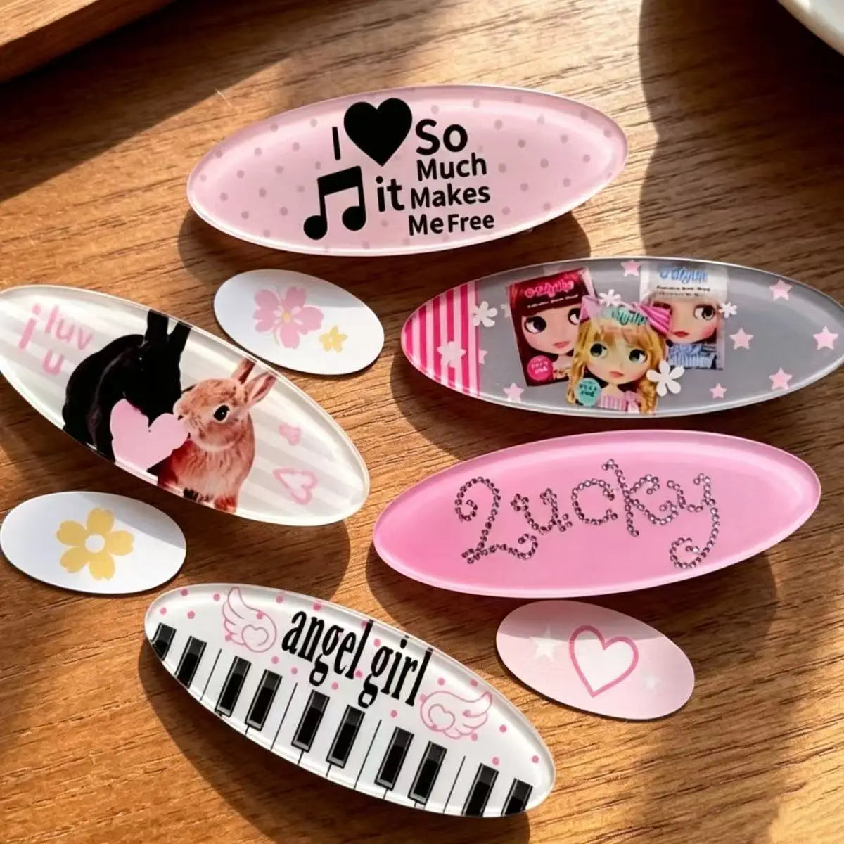 Y2K Rabbit Animal Hair Clip Set Cute Retro Style Oval Barrettes Bunny Music Doll & Piano Print Hairclips Jewelry - Curl and Collar