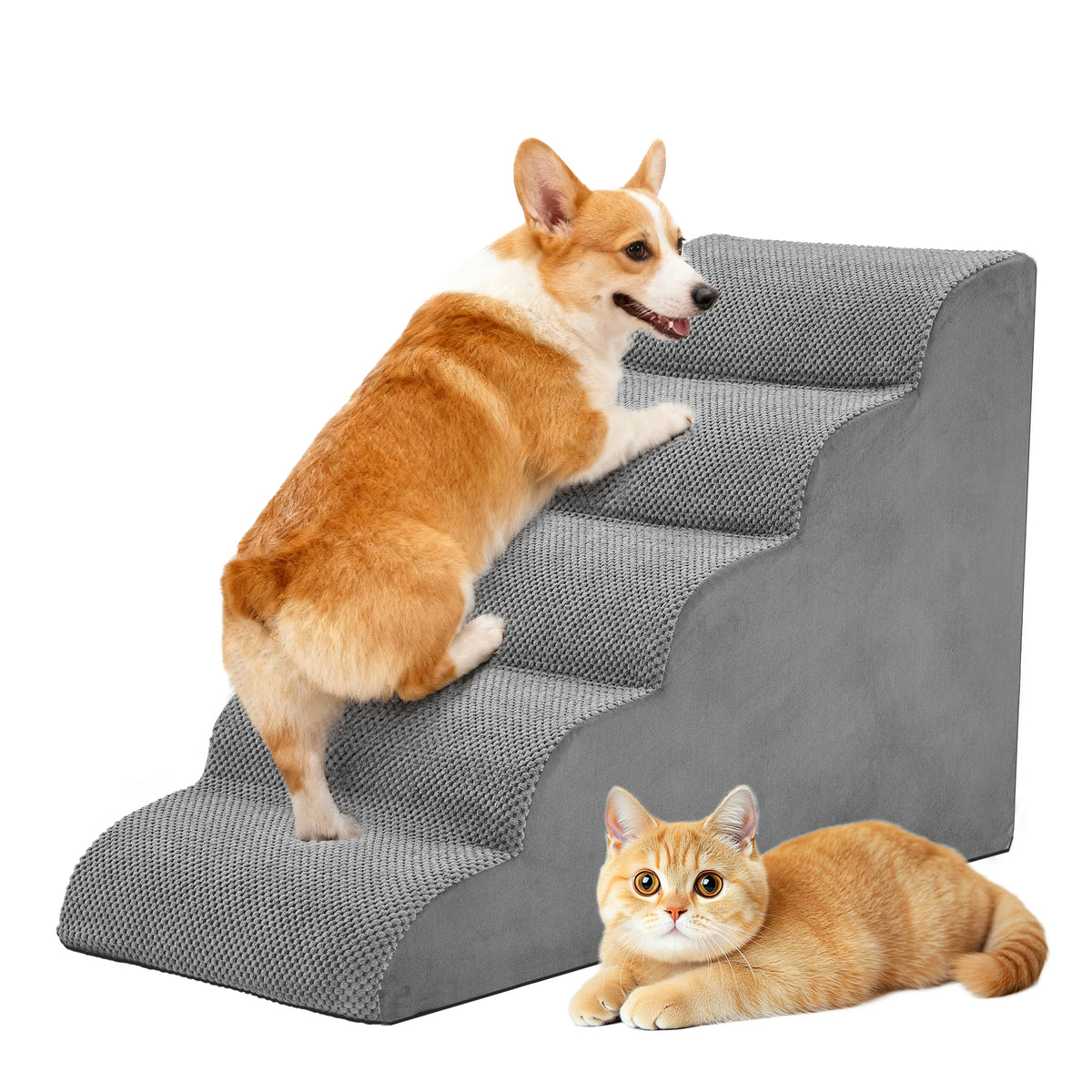 JHK 3-5 Step High-Density Foam Dog Stairs Ramp for Small Dogs Curved Pet Dog Steps Indoor Non-Slip Pet Ladder Ramp Stairs - Curl and Collar
