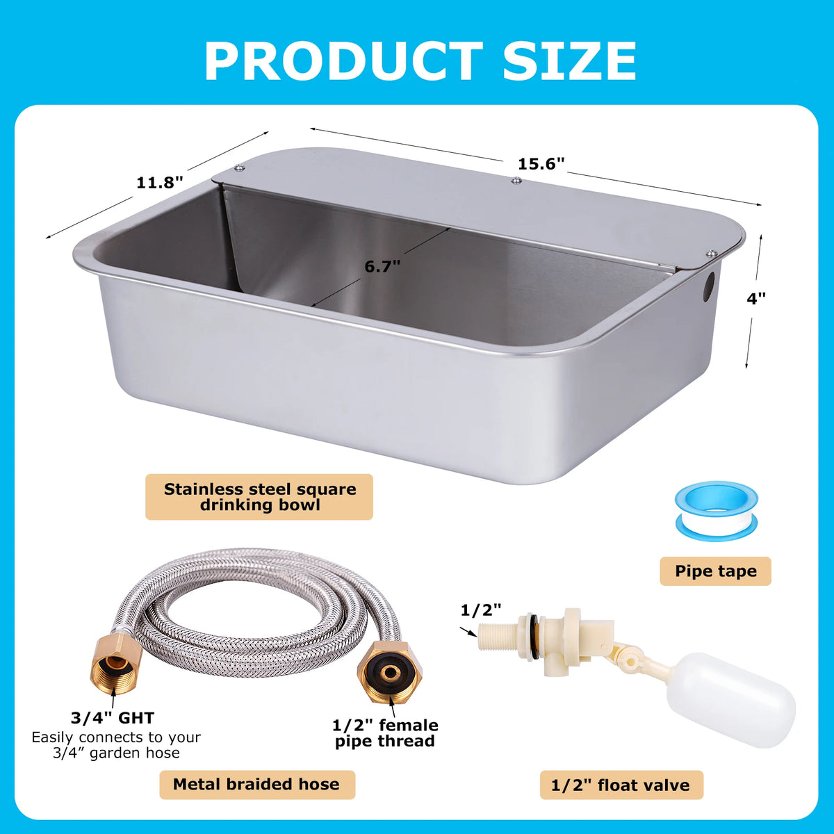 Automatic Outdoor Dog Water Dispenser for Cow Goat Dogs Self Filling Water Bowl Large Breed Auto Fill Dog Waterer Stainless Steel Pet Waterer for Big Cat Chicken Goat Sheep Livestock - Curl and Collar