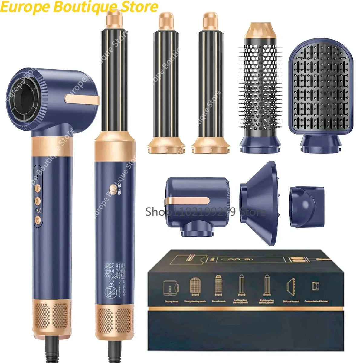 7 In 1 Hair Dryer Brush Brushless High Speed Hair Dryer with Diffuser Ionic Blow Dryer Hot Air Styling Comb Auto Hair Curler - Curl and Collar