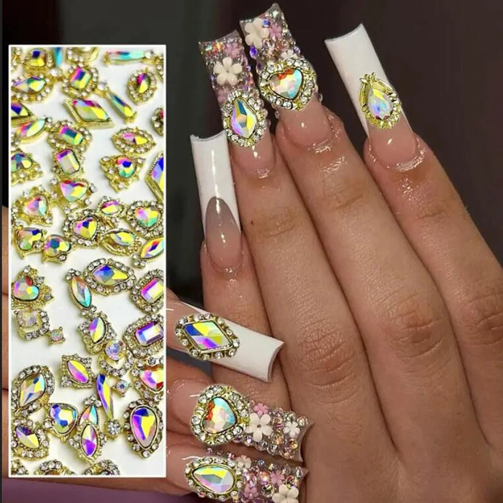 50Pcs 3D Mixed Luxury AB Alloy Nail Art Charms with Heart/Drop/Square/Rhombic Gem Nails Decoration DIY Crafts Manicure Accessory - Curl and Collar