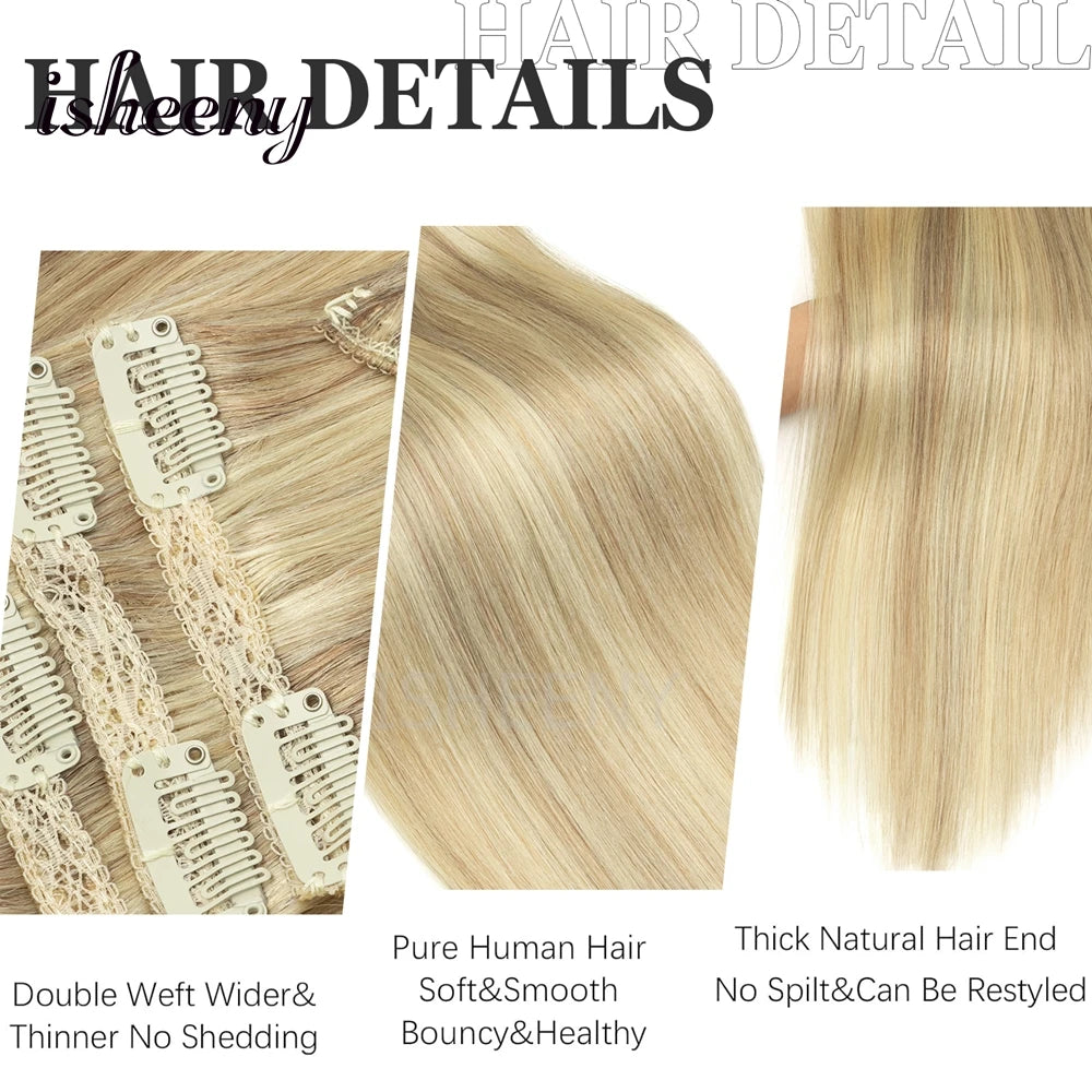 12"-20" Clip In Human Hair Extensions Blonde Natural Brazilian Remy Natural Clip Human Hair Extension Real Clip On 7pcs/set - Curl and Collar