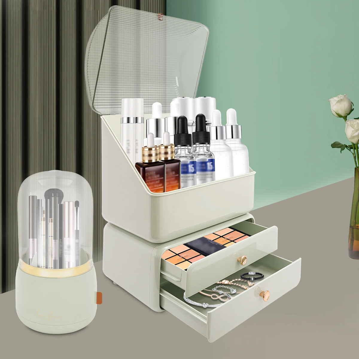 Vanity Cosmetic Storage Box with Rotatable Brush Holder, Dust‑Cover Skincare Display Case, 2‑Drawer Desktop Beauty Organizer for Dresser Countertop - Curl and Collar