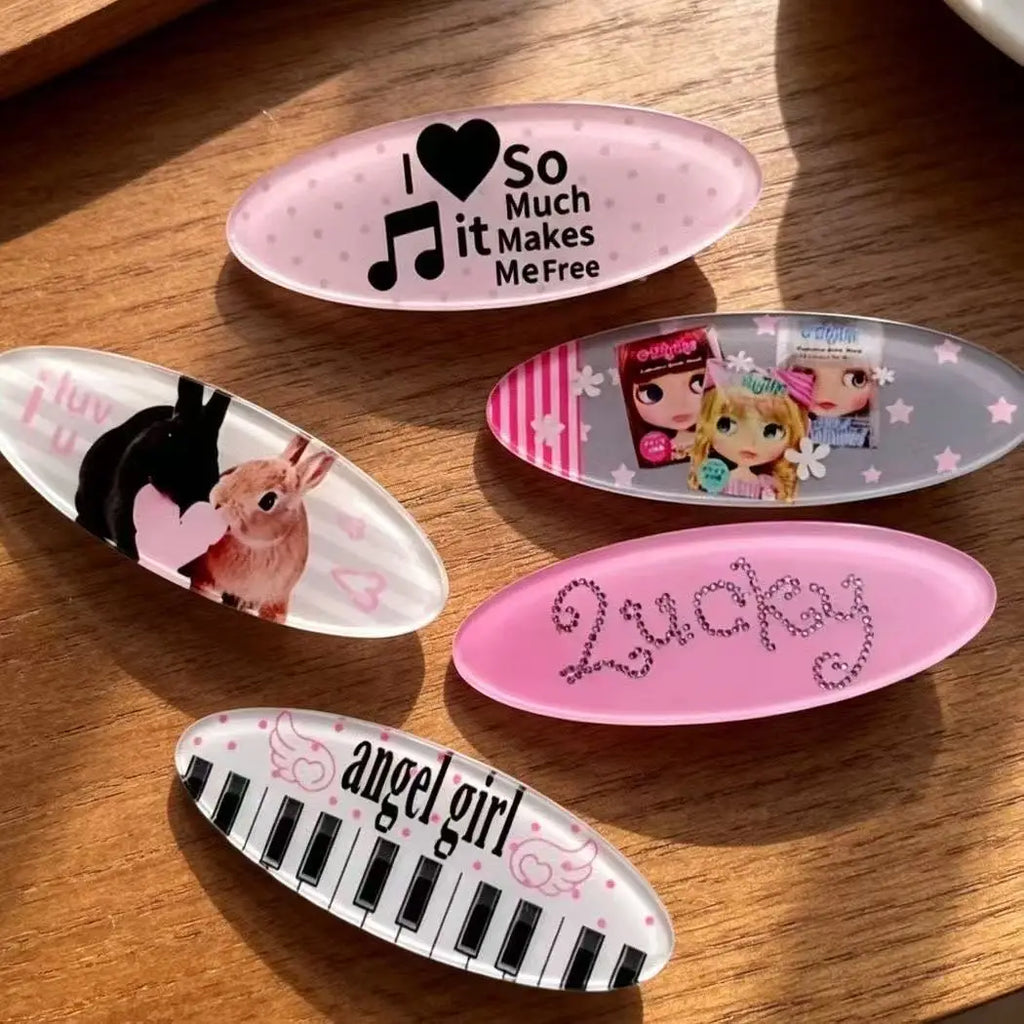 Y2K Rabbit Animal Hair Clip Set Cute Retro Style Oval Barrettes Bunny Music Doll & Piano Print Hairclips Jewelry - Curl and Collar