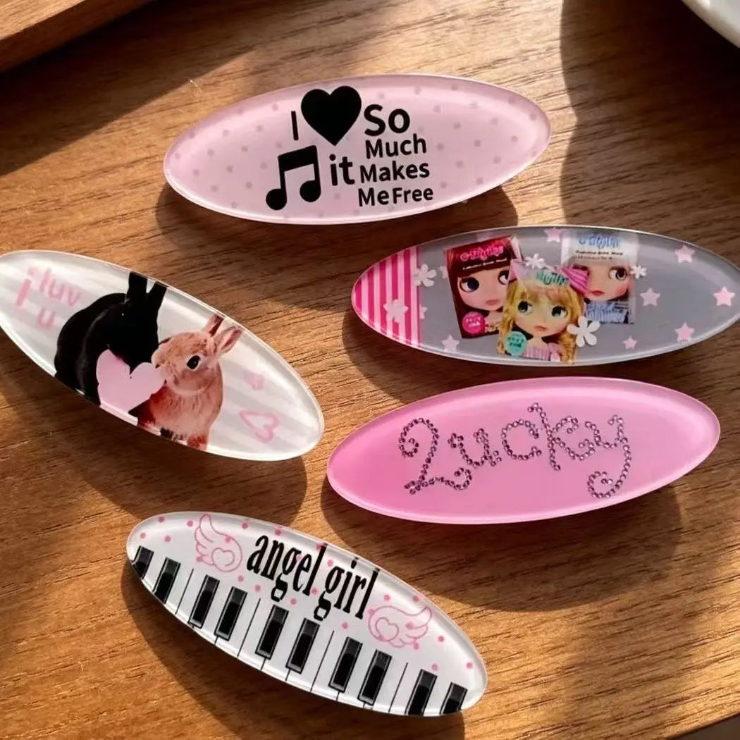 Y2K Rabbit Animal Hair Clip Set Cute Retro Style Oval Barrettes Bunny Music Doll & Piano Print Hairclips Jewelry - Curl and Collar