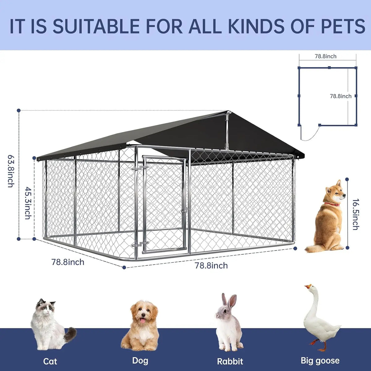 Outdoor Dog Enclosure Heavy Duty Dog Kennel House Mesh Dog Big Cage Pet Kennel Steel Fence with Secure Lock(6.56'x 6.56') - Curl and Collar