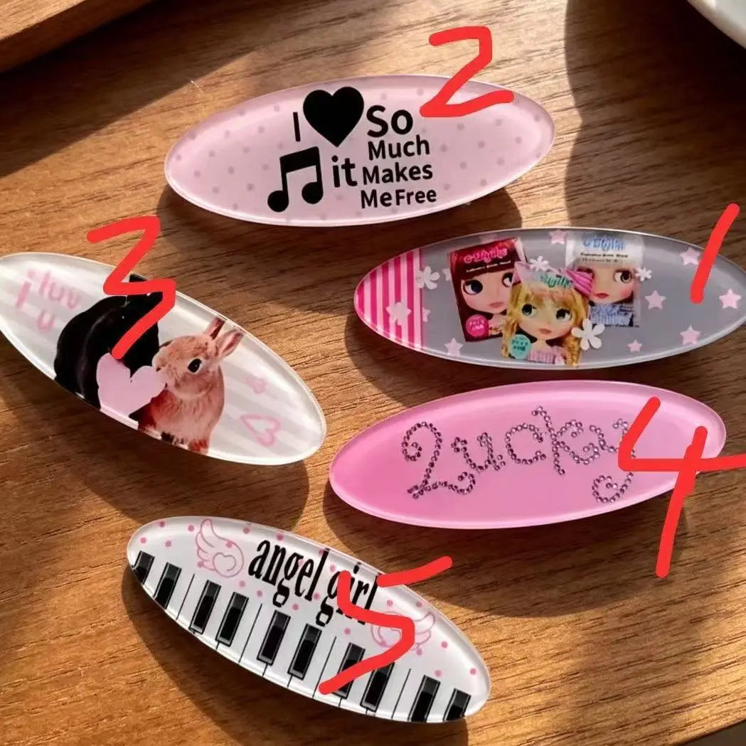 Y2K Rabbit Animal Hair Clip Set Cute Retro Style Oval Barrettes Bunny Music Doll & Piano Print Hairclips Jewelry - Curl and Collar