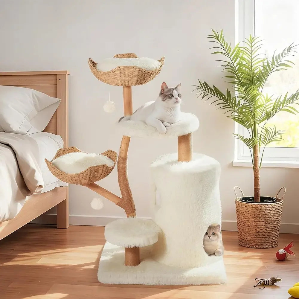 54 Natural Wood Cat Tree with Woven Basket Beds and Scratching Post, Bohemian Style Cat Tower, White - Curl and Collar