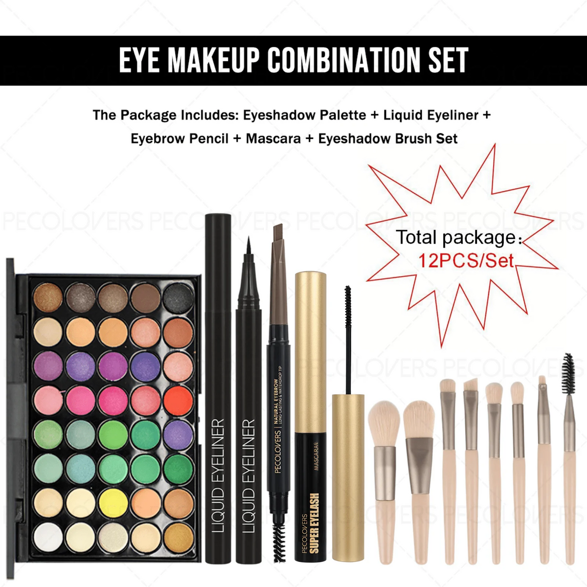 12PCS All-in-One Eye & Brow Makeup Set, 40 Shades Vibrant Color Eyeshadow Palette, Natural 3D Eyebrow Pencil, Quick-Dry Liquid Eyeliner, Volumizing Curling Mascara with Makeup Brushes, Waterproof Sweat-proof, Blendable Matte - Curl and Collar