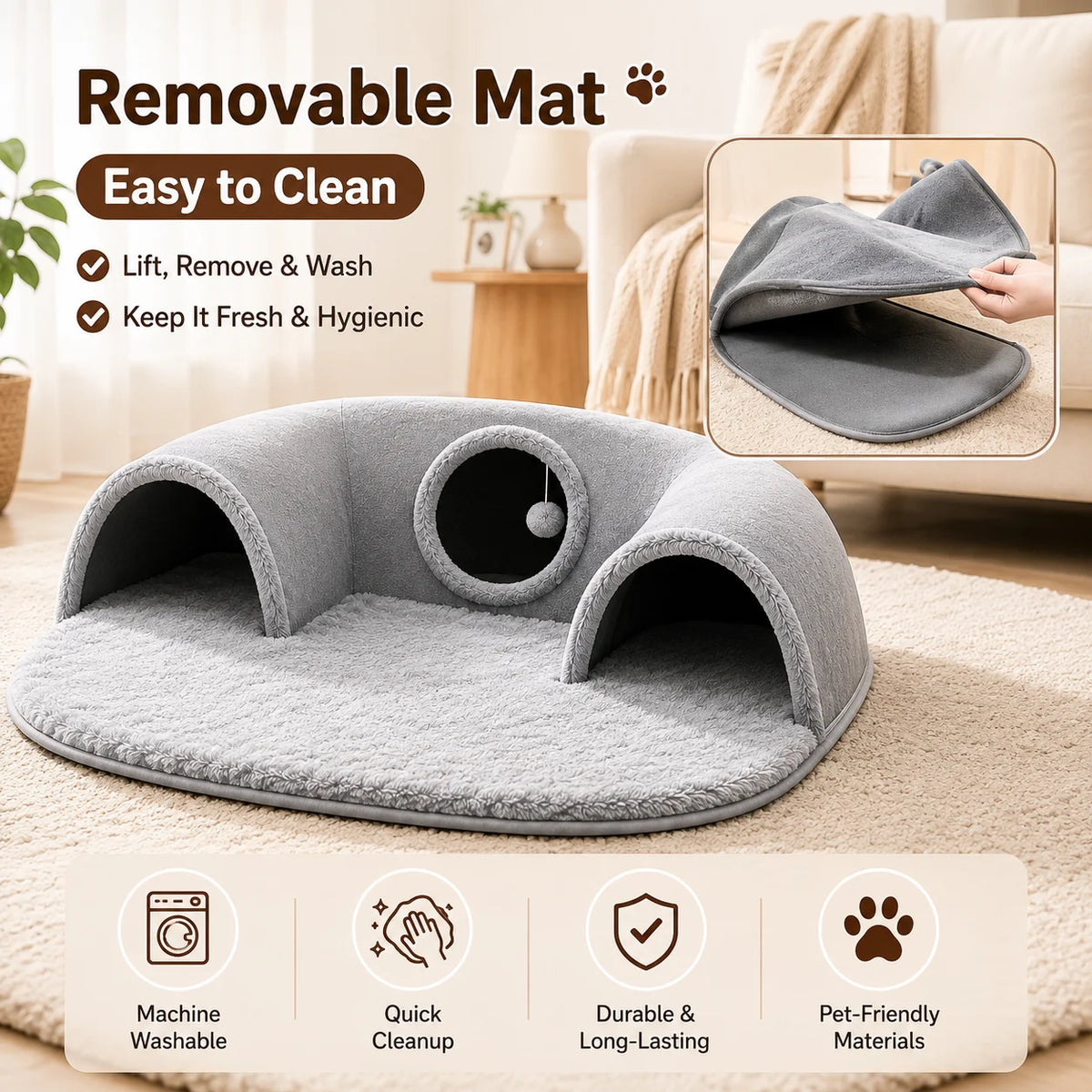 Multifunctional U-shaped Cat Tunnel Bed—A Detachable, Washable Plush Tunnel Bed That Combines Play and Rest; Suitable for Home, Indoor, and balcony Use. - Curl and Collar