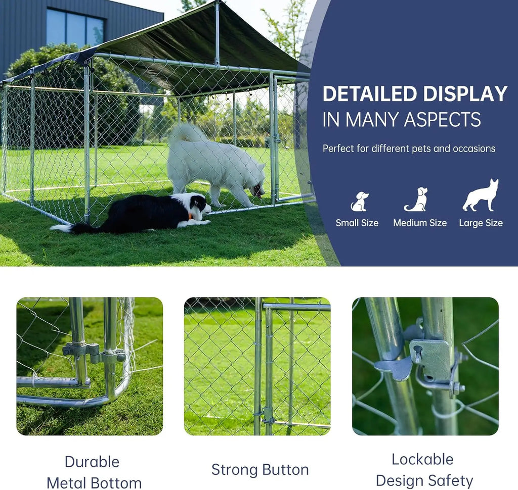 Outdoor Dog Enclosure Heavy Duty Dog Kennel House Mesh Dog Big Cage Pet Kennel Steel Fence with Secure Lock(6.56'x 6.56') - Curl and Collar