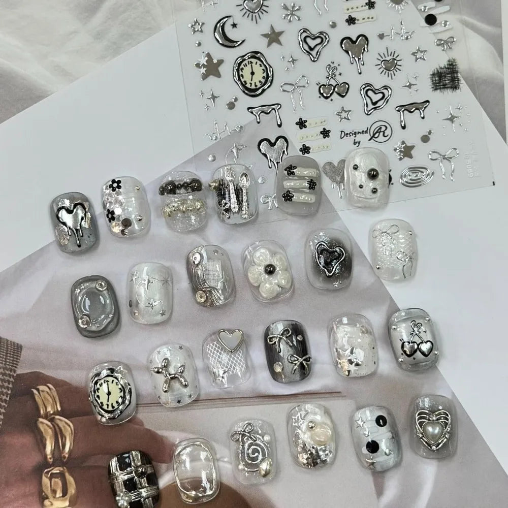 5D Silver Nail Art Stickers – Bow, Heart, Moon & Star 3D Metal Nail Decals for DIY Manicure - Curl and Collar