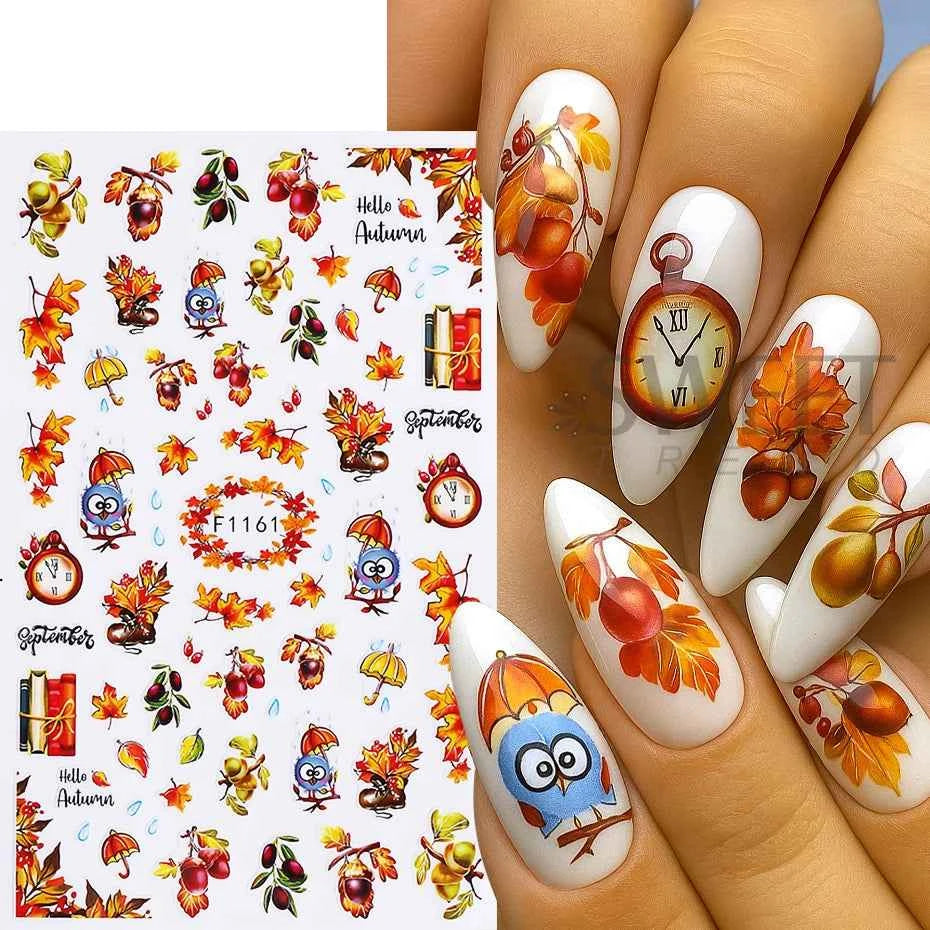 8pcs Autumn Winter Maple Leaf Nail Stickers Pumpkin Elk Mushroom Flower Self-Adhesive Nail Decal Thanksgiving DIY Manicure Decor