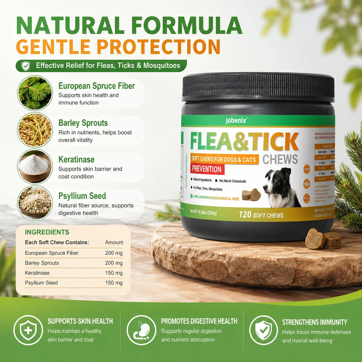 Flea & Tick Soft Chews for Dogs and Cats Skin & Coat Health Support Pet Nutritional Supplement 120 Chews - Curl and Collar