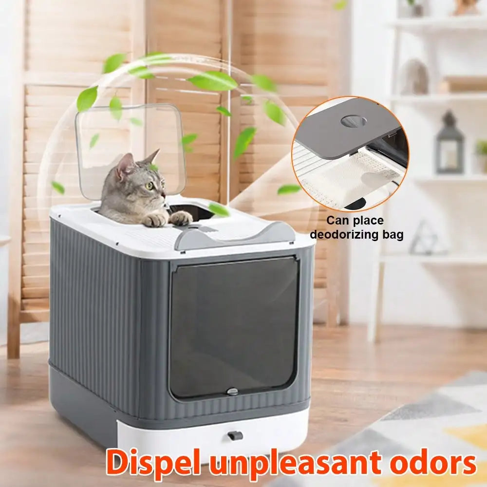 Extra Large Enclosed Cat Litter Box 4 In 1 Top Entry Front Pull Out Drawer Design Odor Control Activated Carbon Filter With Litter Scoop Splash Proof Spacious Kitty Toilet For Multiple Large Cats Up To 44 Lbs Easy Clean Moder - Curl and Collar