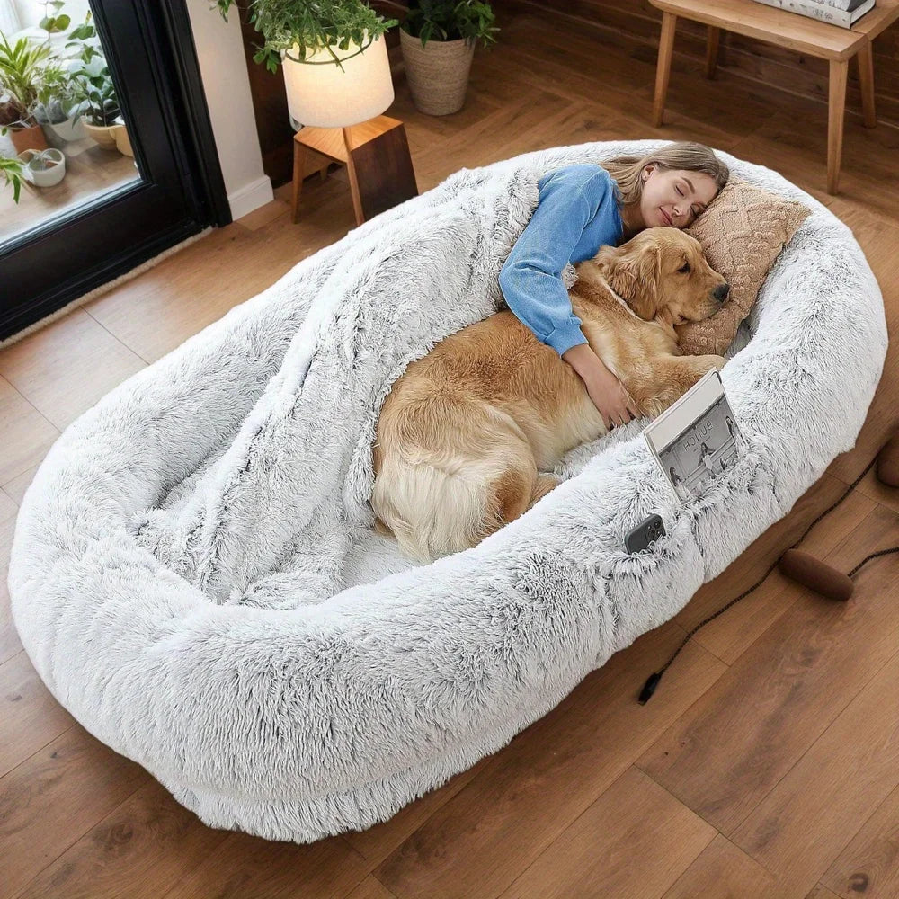 Human Dog Bed, Washable Faux Fur Dog Bed for People Doze Off, Napping Orthopedic Dog Bed, 71''x45''x14'' Size Fits You and Pets - Curl and Collar