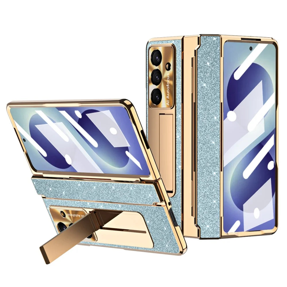Crystal Glitter Leveling Hinges Anti Drop Case for Samsung Galaxy Z Fold 8 Ultra Zfold 8 Ultra 7 6 5 4 3 Camera Protector Cover - Curl and Collar