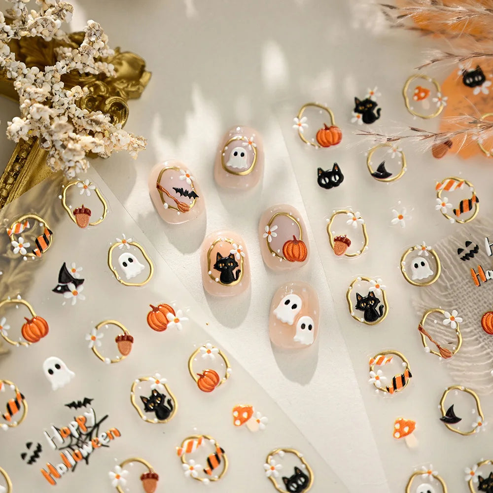 5D Embossed Halloween Nail Stickers Self‑Adhesive Nail Decals with Ghost Pumpkin Cat Mushroom Patterns Gold‑Trim Manicure Slider