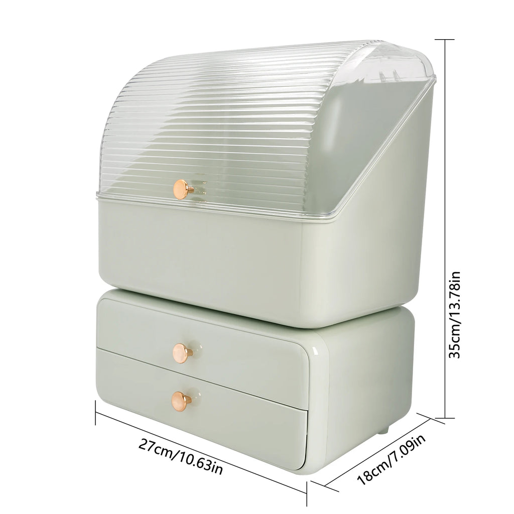 Vanity Cosmetic Storage Box with Rotatable Brush Holder, Dust‑Cover Skincare Display Case, 2‑Drawer Desktop Beauty Organizer for Dresser Countertop - Curl and Collar