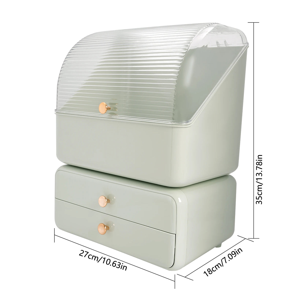Vanity Cosmetic Storage Box with Rotatable Brush Holder, Dust‑Cover Skincare Display Case, 2‑Drawer Desktop Beauty Organizer for Dresser Countertop - Curl and Collar