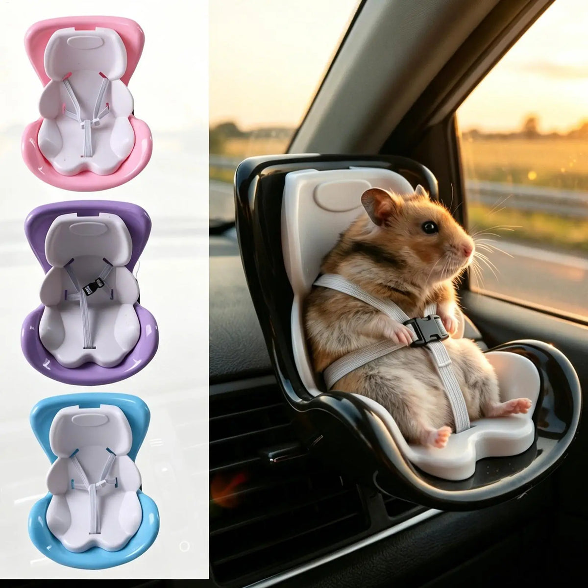 Hamster Car Seat for Small Animals Portable Carrier for Guinea Pig Hedgehog Chinchilla Ferret Travel Safety Cage Vehicle Perch - Curl and Collar