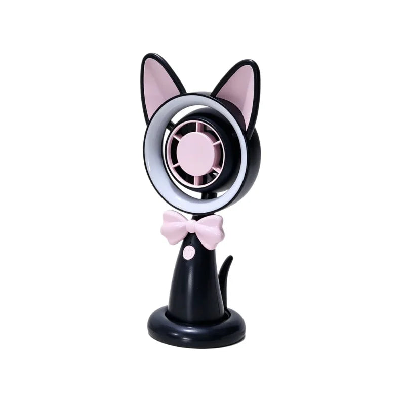 New Cat-Shaped Handheld Fan with Strong Wind, USB Charging, Suitable for Student Dormitories, Desktop Small Fan with Light - Curl and Collar