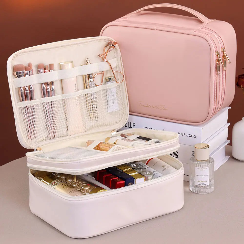 Multiple Compartments Large Capacity Cosmetic Organizer Case Portable Travel Toiletry Bag Double Layer Detachable Makeup Bag - Curl and Collar