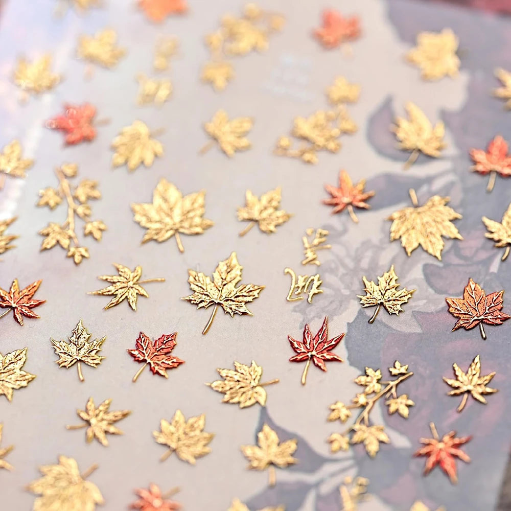 Fall Nail Art Stickers 5D Embossed Cute Decals Autumn Squirrel Pine Cones Fallen Leaves Design Self-Adhesive Manicure Stickers
