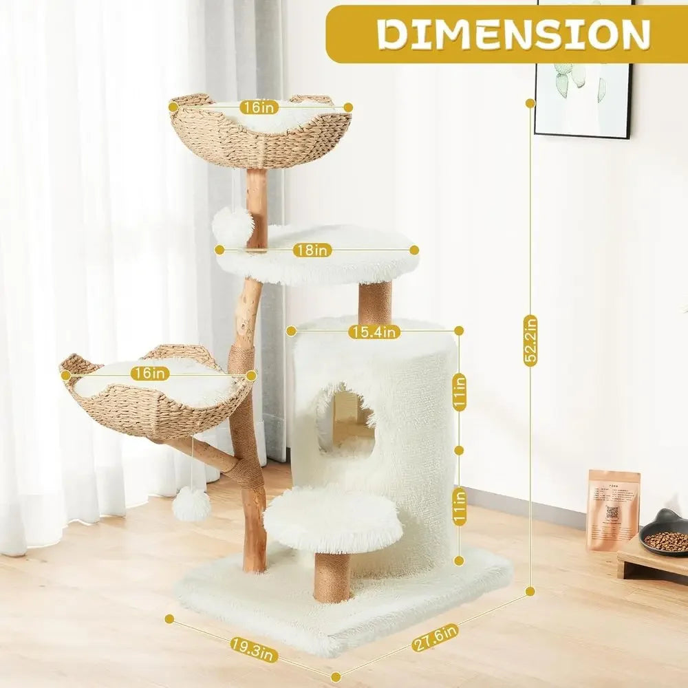 54 Natural Wood Cat Tree with Woven Basket Beds and Scratching Post, Bohemian Style Cat Tower, White - Curl and Collar