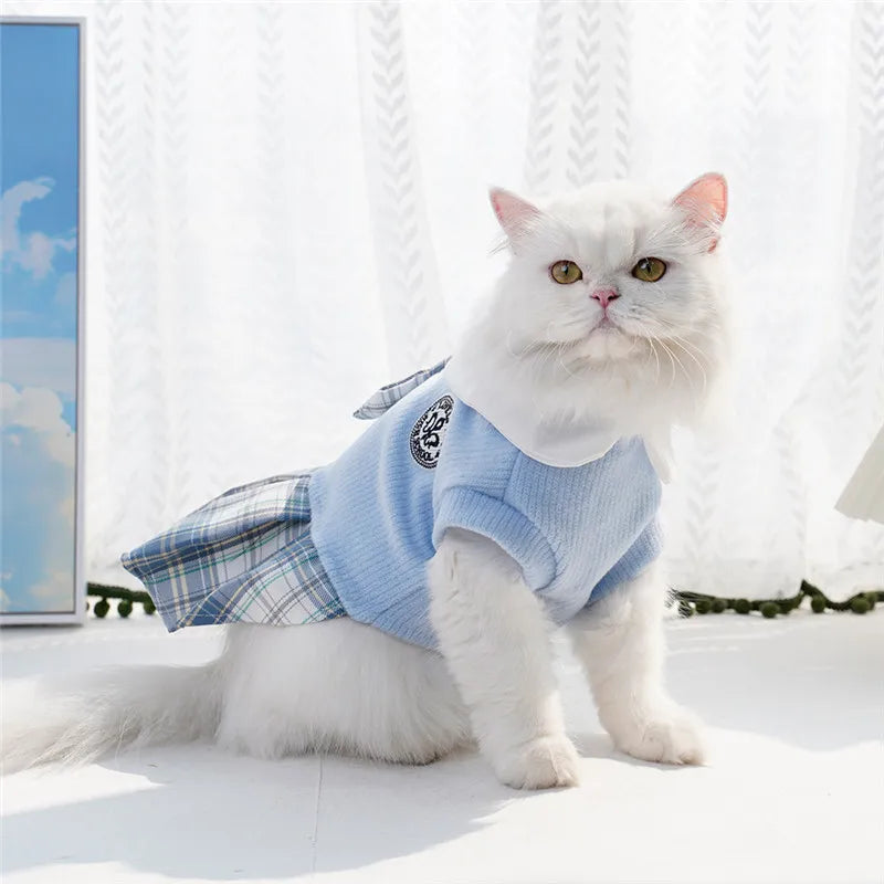College Style Dog Dress for Small Dogs, Plaid Skirt, Pink,Blue,Green, Spring Dog Clothes, Cat, Chihuahua, XL - Curl and Collar