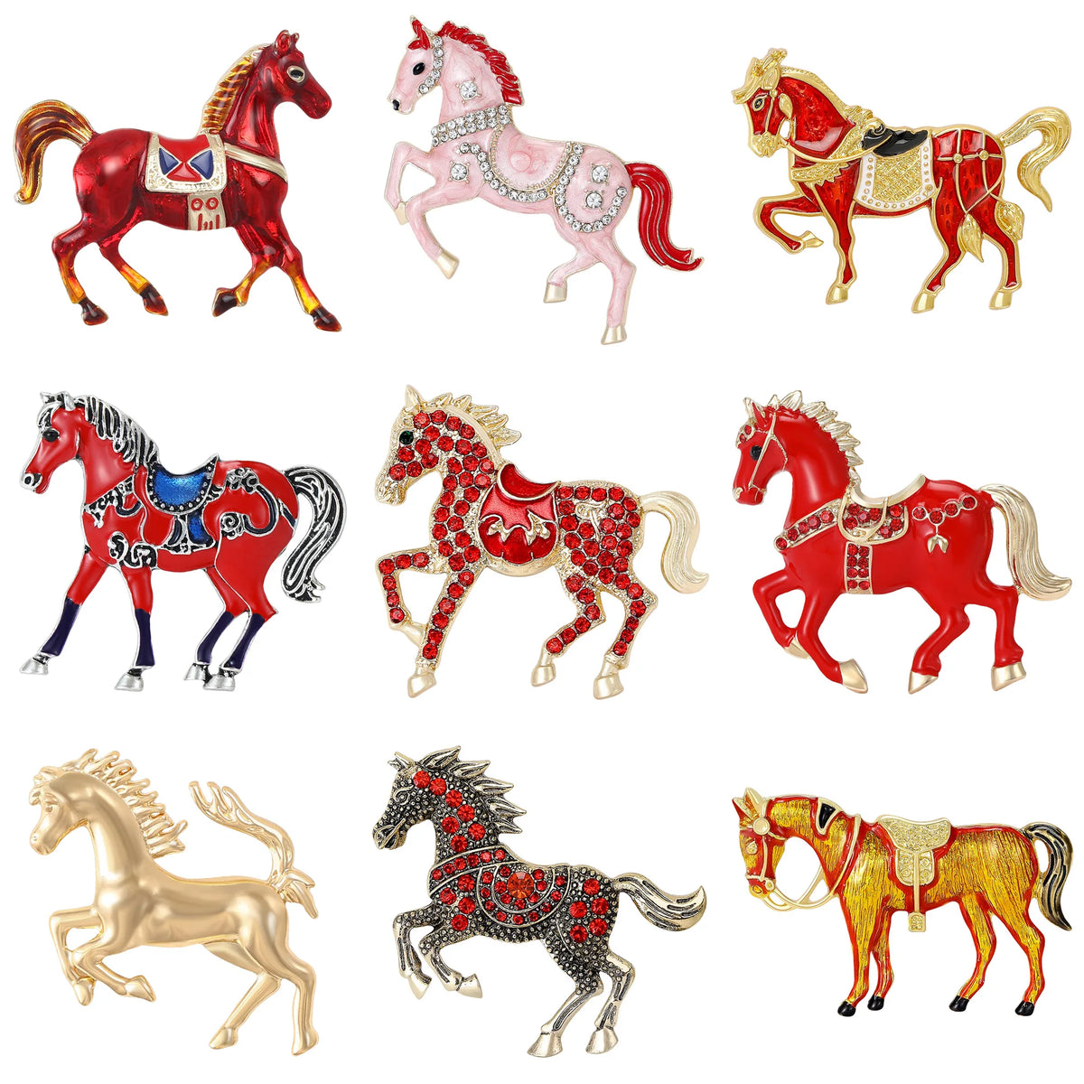 Classic Rhinestone Horse Brooches for Women Enamel Zodiac Animal Pins Office Party Friend New Year Gifts Jewelry Accessories - Curl and Collar