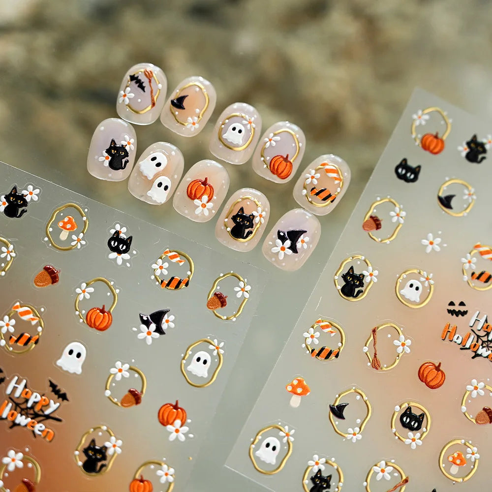 5D Embossed Halloween Nail Stickers Self‑Adhesive Nail Decals with Ghost Pumpkin Cat Mushroom Patterns Gold‑Trim Manicure Slider