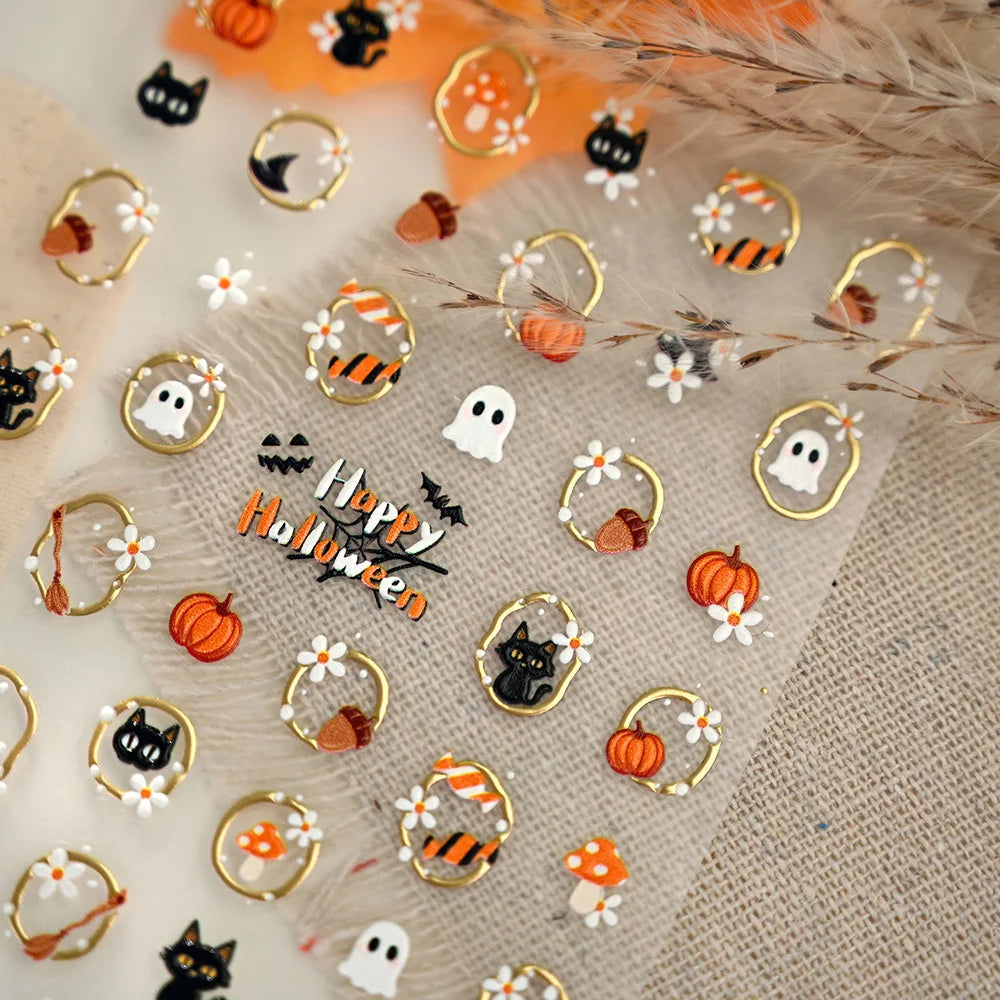 5D Embossed Halloween Nail Stickers Self‑Adhesive Nail Decals with Ghost Pumpkin Cat Mushroom Patterns Gold‑Trim Manicure Slider