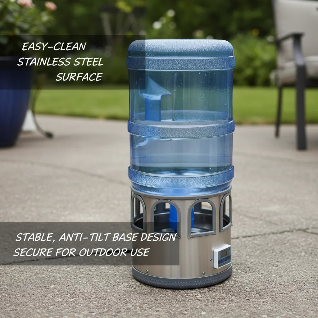 Stainless Steel Heated Chicken Waterer 5 Gal, 80W Auto Thermostat Water Heater for Poultry, Adjustable Temp 32-122°F with LED Display & 9 Windows, Anti-Freeze for Winter, Silver-Blue - Curl and Collar