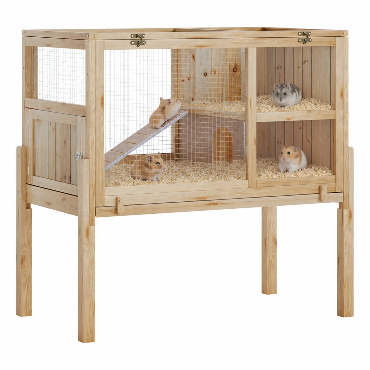 Wooden Guinea Pig Cage Indoor with Stand, 38" 2-Story Rabbit Hutch w/Ramp & Hideout, Clear Vision, Leak-Proof Pull-Out Tray, Lockable Door, Bunny Hamster Habitat - Curl and Collar
