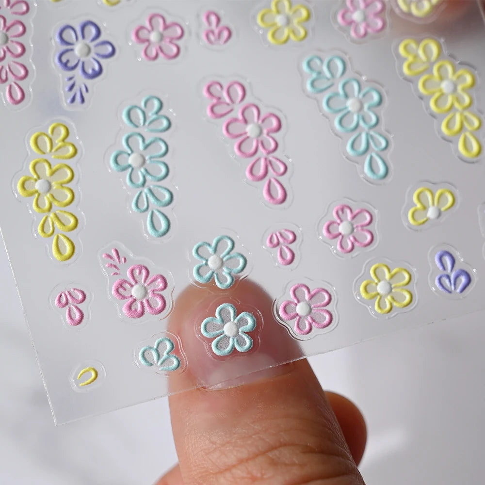 5D Pink Blue Floral Nail Art Stickers Petals Leaf Plant Embossed Nail Decals Spring Summer Flower Design for DIY Nail Supplies - Curl and Collar