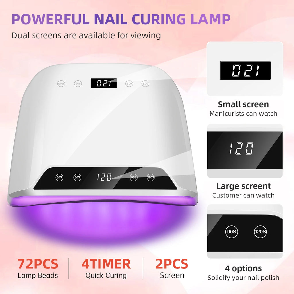 320W Big Space UV LED Nail Lamp For Manicure Drying Gel Nail Polish 72 LED Nail Dryer With Two LCD Screens Nail Salon Tools - Curl and Collar