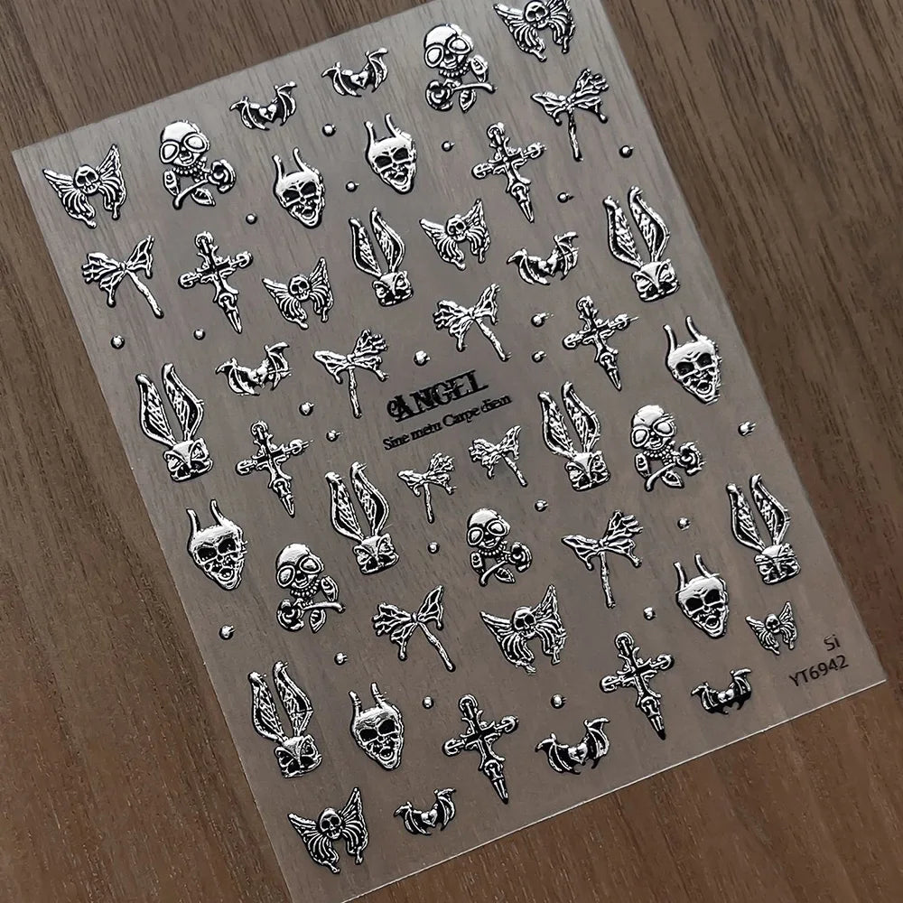 5D Embossed Halloween Nail Stickers Self‑Adhesive Nail Decals with Ghost Pumpkin Cat Mushroom Patterns Gold‑Trim Manicure Slider