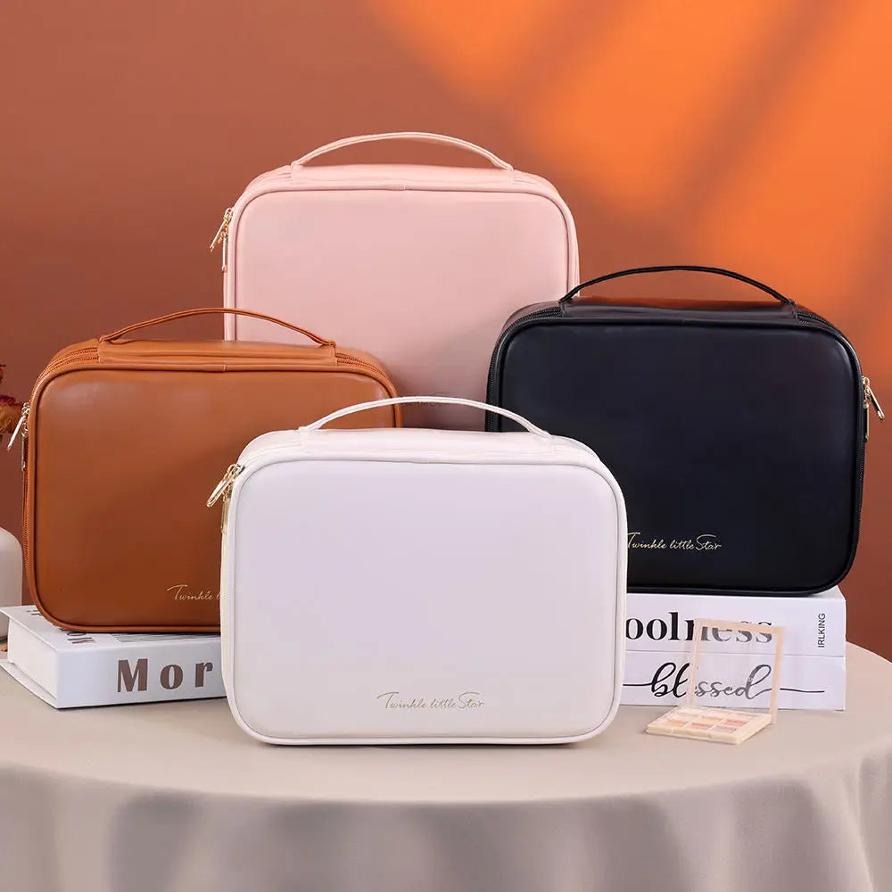 Multiple Compartments Large Capacity Cosmetic Organizer Case Portable Travel Toiletry Bag Double Layer Detachable Makeup Bag - Curl and Collar