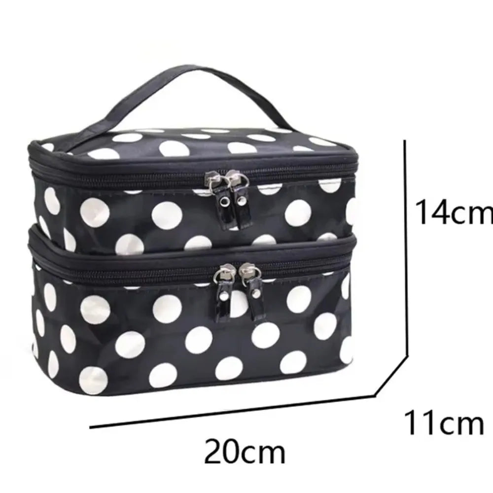 Fashion Double-layer Makeup Bag Polka Dots Portable Toiletry Bag Large Capacity Travel Makeup Case - Curl and Collar