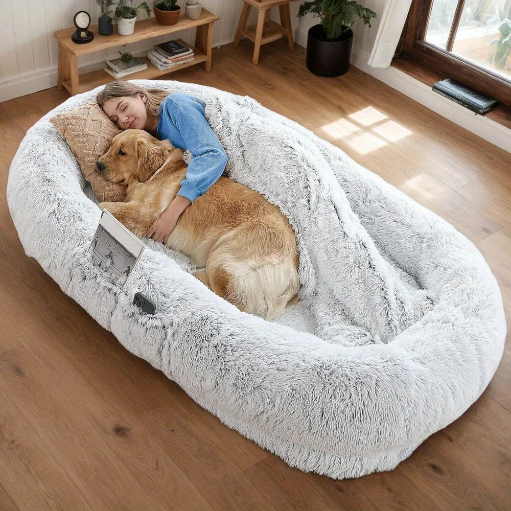 Human Dog Bed, Washable Faux Fur Dog Bed for People Doze Off, Napping Orthopedic Dog Bed, 71''x45''x14'' Size Fits You and Pets - Curl and Collar