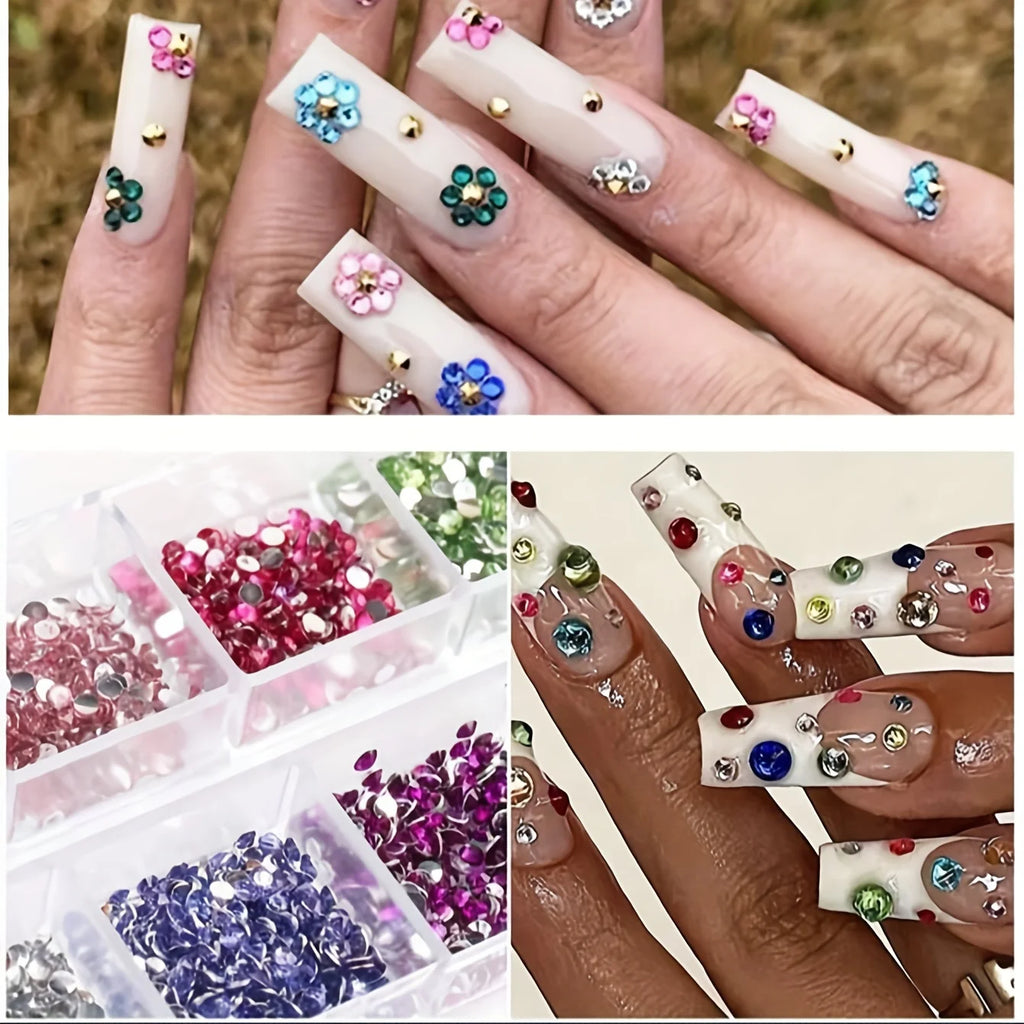 12 Grid Shimmering Crystal Nail Art Rhinestones - Flatback Gemstones for Versatile Decoration - Adorns Nails Shoes Makeup Bags - Curl and Collar
