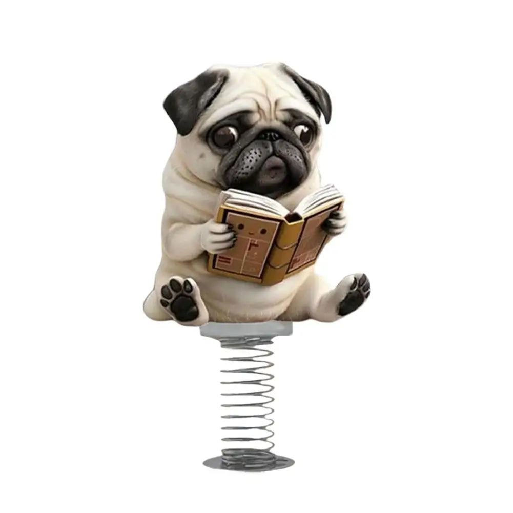 1Pcs Cute 2D Pug Car Ornaments Kawaii Reading Dog Car Panel Dashboard Spring Toys Decor Creative Accessories Gift - Curl and Collar