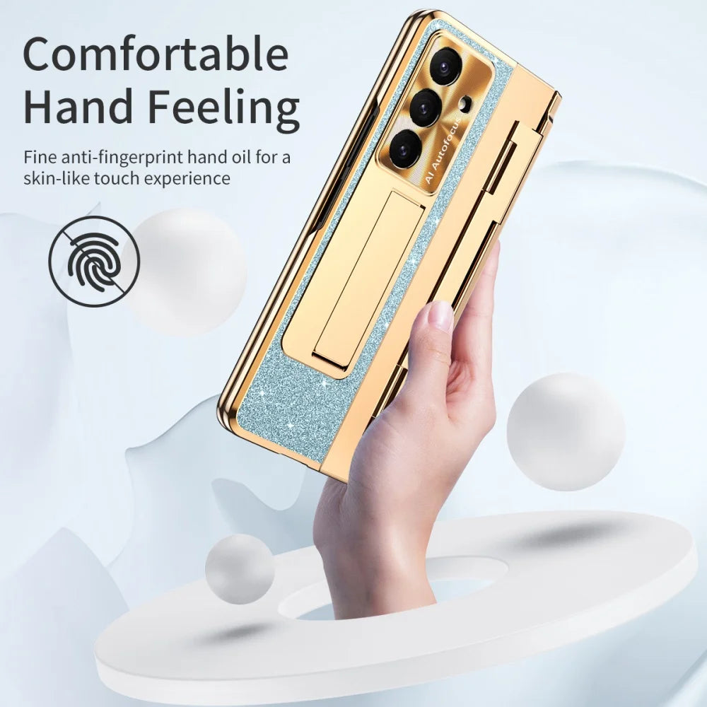 Crystal Glitter Leveling Hinges Anti Drop Case for Samsung Galaxy Z Fold 8 Ultra Zfold 8 Ultra 7 6 5 4 3 Camera Protector Cover - Curl and Collar