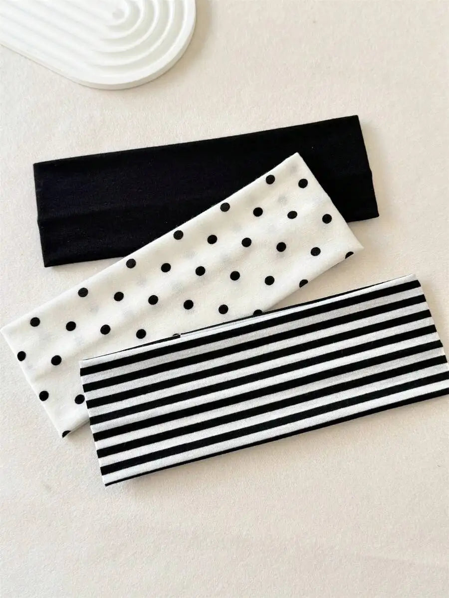 3pcs Unisex Elegant Polka Dot, Black & White Striped, Black Elastic Sports Headbands, Classic Simple Hair Accessories, Suitable - Curl and Collar