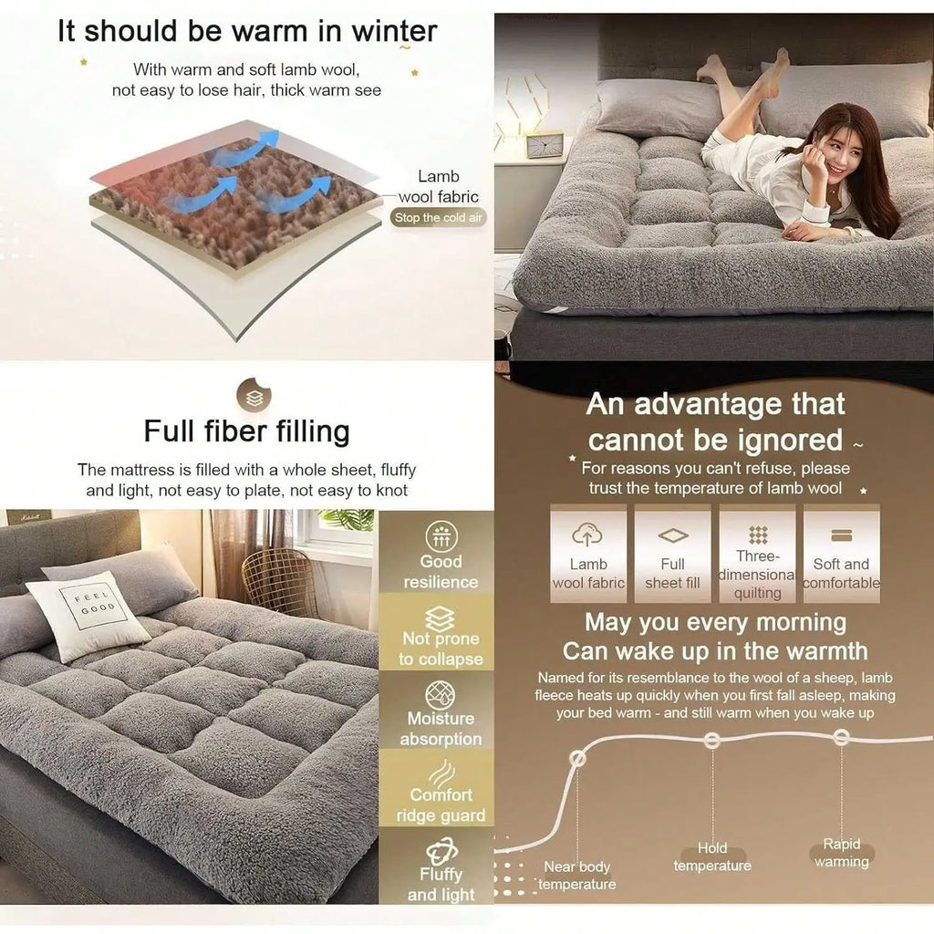 Japanese Futon Mattress, Extra Thick Fluffy Floor Futon Mattress, Super Soft Shaggy Roll Up Sleeping Pads, Portable Sleeping Mat, Sofa Mattress, Guest Bed - Curl and Collar
