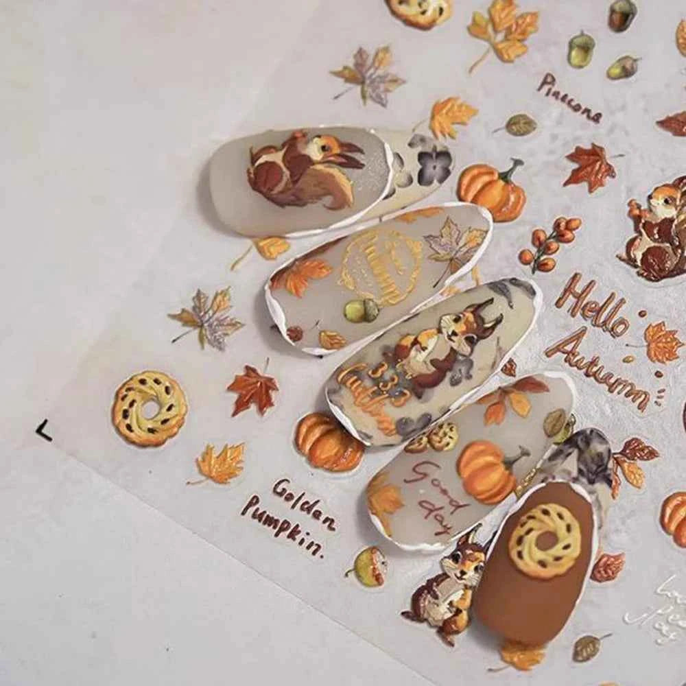 Fall Nail Art Stickers 5D Embossed Cute Decals Autumn Squirrel Pine Cones Fallen Leaves Design Self-Adhesive Manicure Stickers