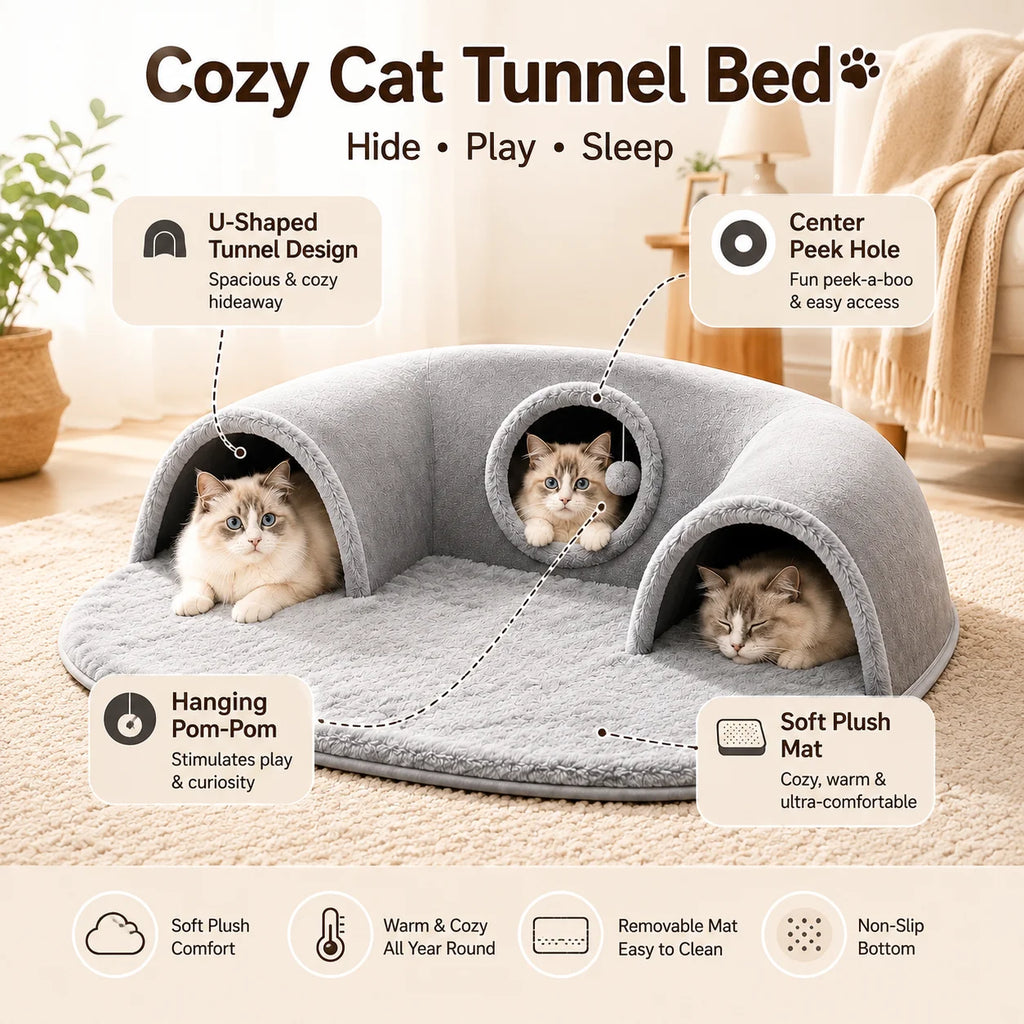 Multifunctional U-shaped Cat Tunnel Bed—A Detachable, Washable Plush Tunnel Bed That Combines Play and Rest; Suitable for Home, Indoor, and balcony Use. - Curl and Collar