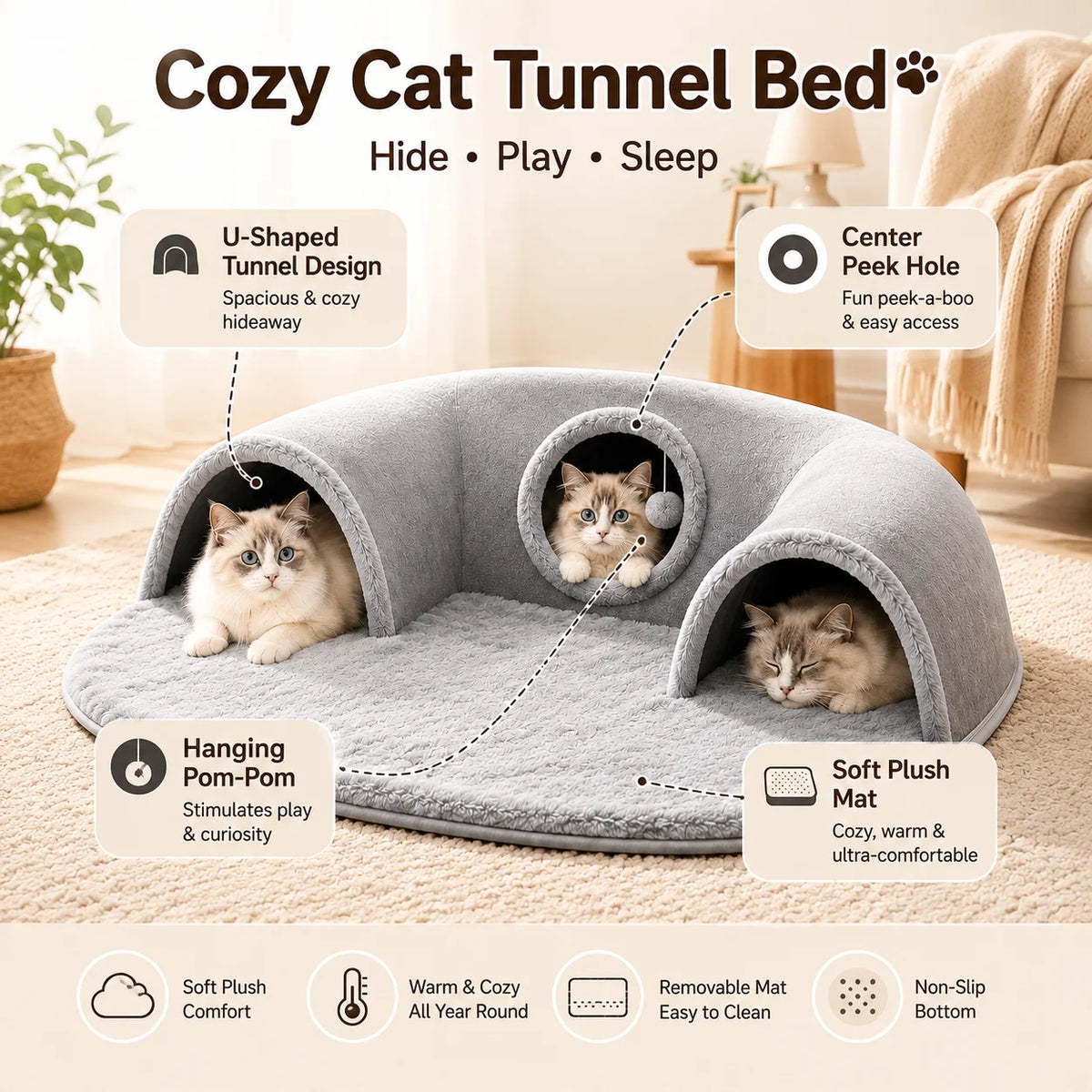 Multifunctional U-shaped Cat Tunnel Bed—A Detachable, Washable Plush Tunnel Bed That Combines Play and Rest; Suitable for Home, Indoor, and balcony Use. - Curl and Collar