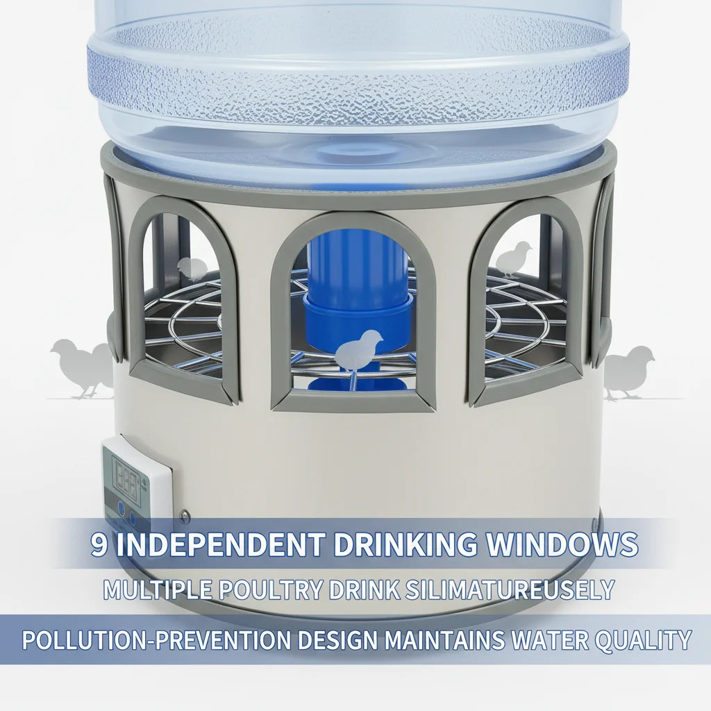 Stainless Steel Heated Chicken Waterer 5 Gal, 80W Auto Thermostat Water Heater for Poultry, Adjustable Temp 32-122°F with LED Display & 9 Windows, Anti-Freeze for Winter, Silver-Blue - Curl and Collar